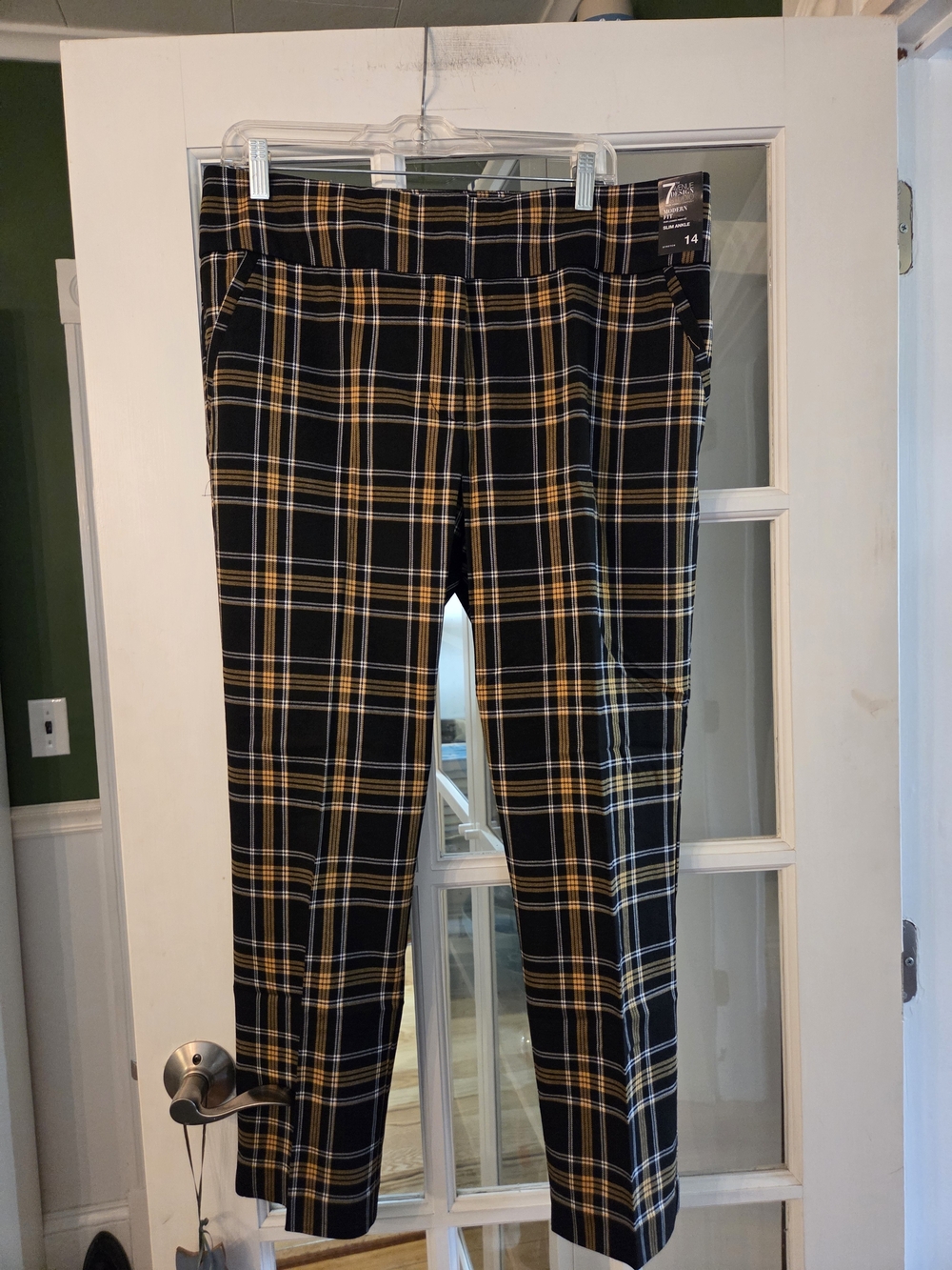 New York & Company Black Plaid Trousers with Yellow Accent - Size 14